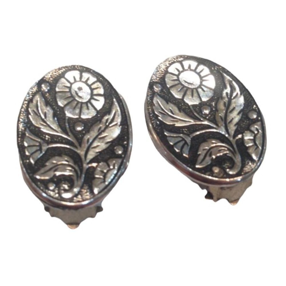 Vintage Signed West Germany Silver And Black Flower Earrings